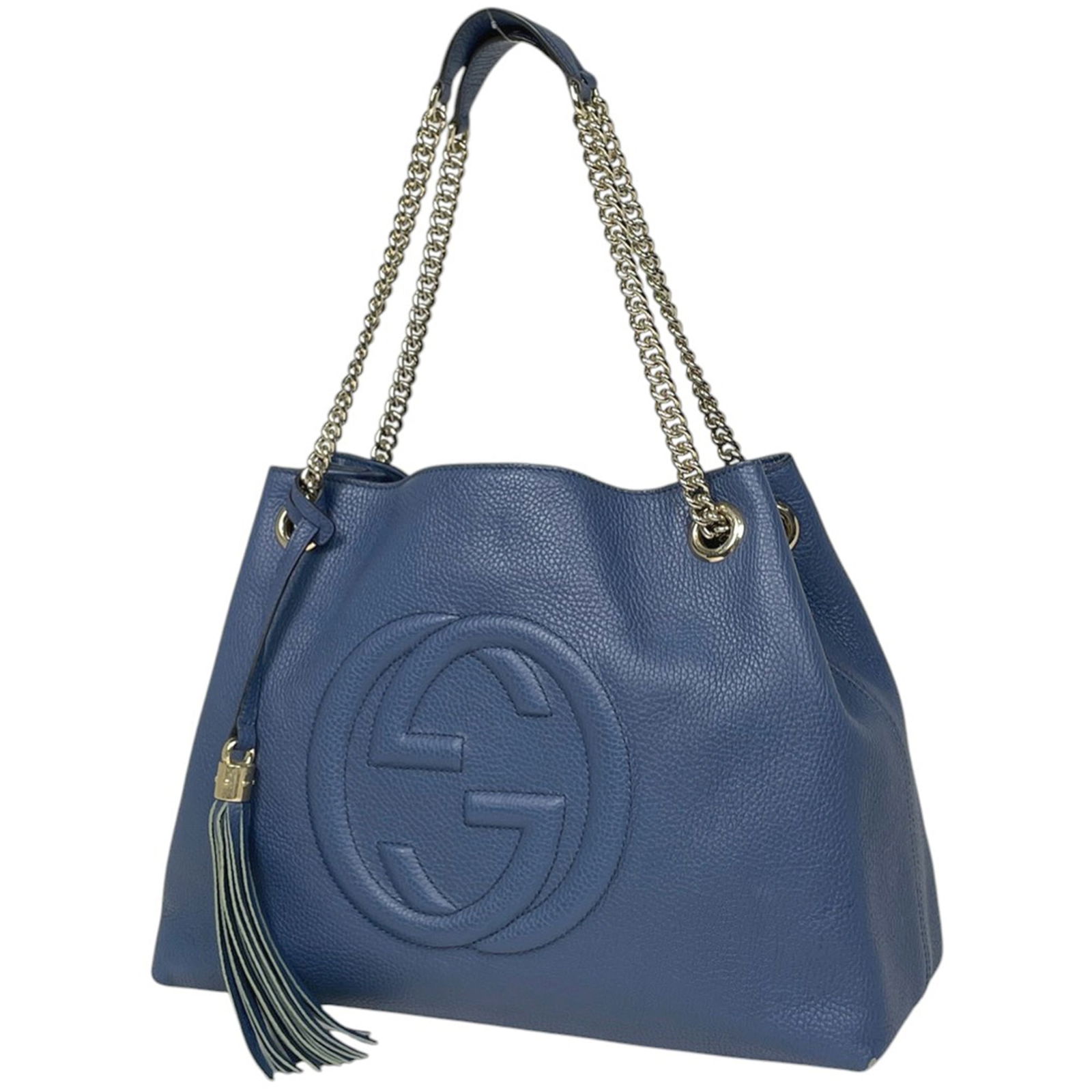 Gucci Leather Tote Bag: Gucci Leather Tote Bag Experience the timeless elegance of Gucci with this stunning blue leather tote bag, boasting classic shoulder strap design and premium quality craftsmanship. With its spacious