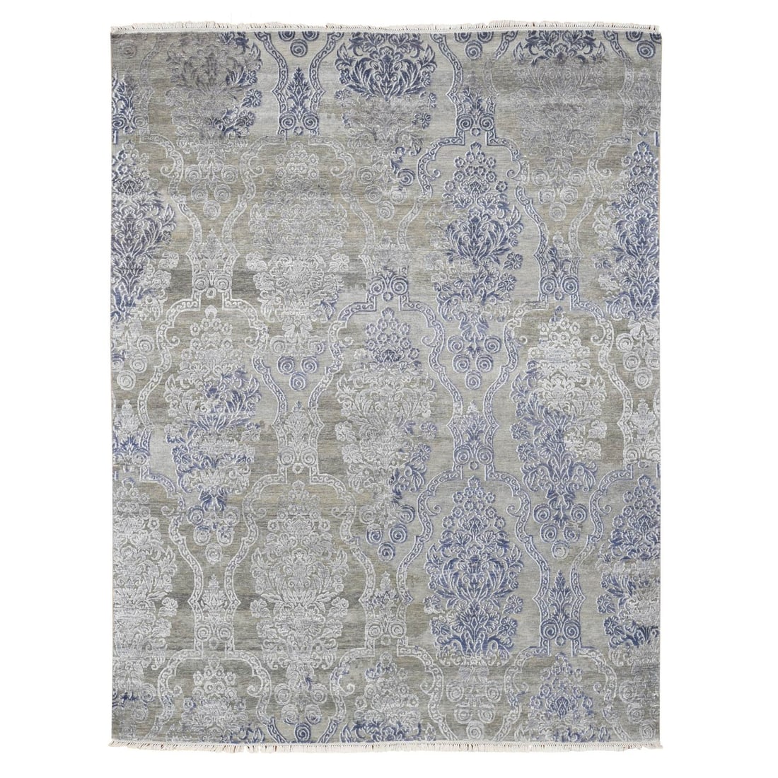 Taupe Silk & Textured Wool Hand-Knotted Transitional Rug (8'1"x10'4"): Taupe Silk & Textured Wool Hand-Knotted Transitional Rug (8'1"x10'4") Experience the timeless elegance of India's rich cultural heritage with this stunning Taupe silk and textured wool hand-knotted