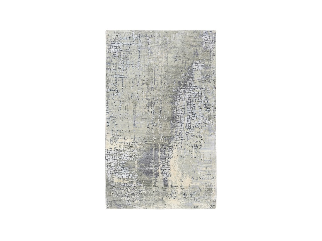 Rug 3'x5' Abstract with Mosaic Design Taupe Wool and Silk Handknotted Mat: Rug 3'x5' Abstract with Mosaic Design Taupe Wool and Silk Handknotted Mat Experience the warmth and sophistication of handcrafted Turkish design with this stunning 3'x5' abstract rug, expertly