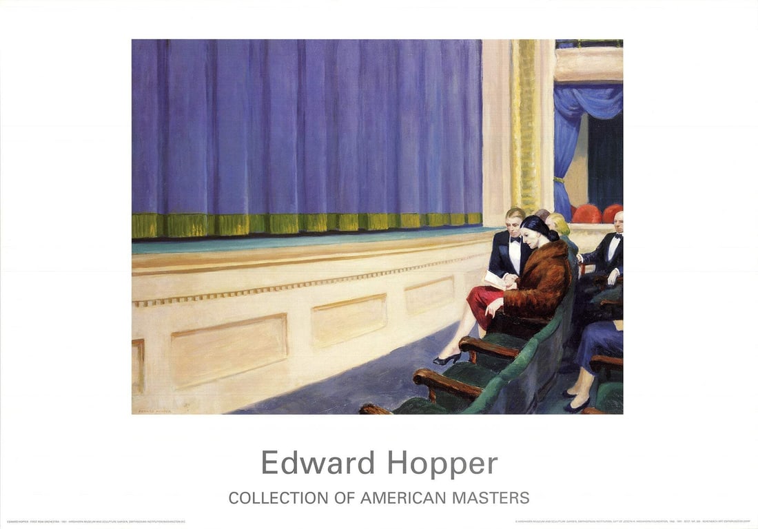 Green EDWARD HOPPER First Row Orchestra 27.5" x 39.25" Poster 1997 Realism Blue: Green EDWARD HOPPER First Row Orchestra 27.5" x 39.25" Poster 1997 Realism Blue Experience the iconic style of Edward Hopper with this stunning 1997 offset lithograph poster, 'First Row Orchestra'. Me