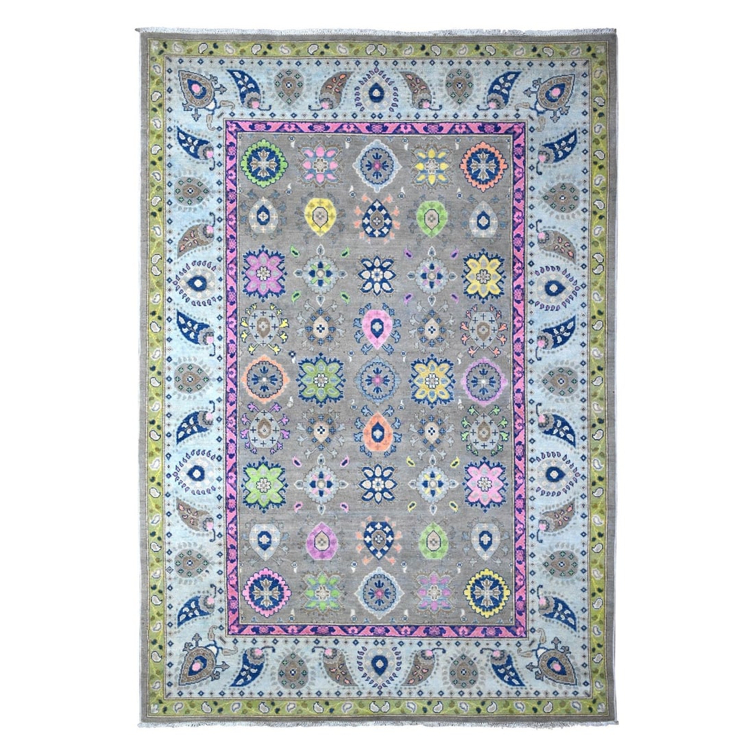 Rug 6'x8'8" Dorian Gray Colorful Fusion Kazak Organic Wool Oriental: Rug 6'x8'8" Dorian Gray Colorful Fusion Kazak Organic Wool Oriental Experience the rich beauty of traditional Afghan craftsmanship with this stunning 6'x8'8" Hand-Knotted Wool Oriental Rug, featuring