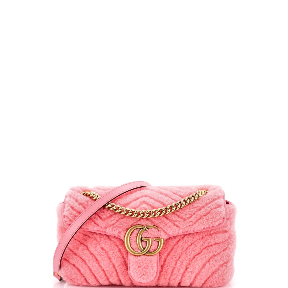 Gucci GG Marmont Flap Bag - Small Matelasse Shearling: Gucci GG Marmont Flap Bag - Small Matelasse Shearling The Gucci GG Marmont Flap Bag is a timeless, small shoulder bag that exudes effortless chic. Crafted from luxurious matelasse shearling and adorne