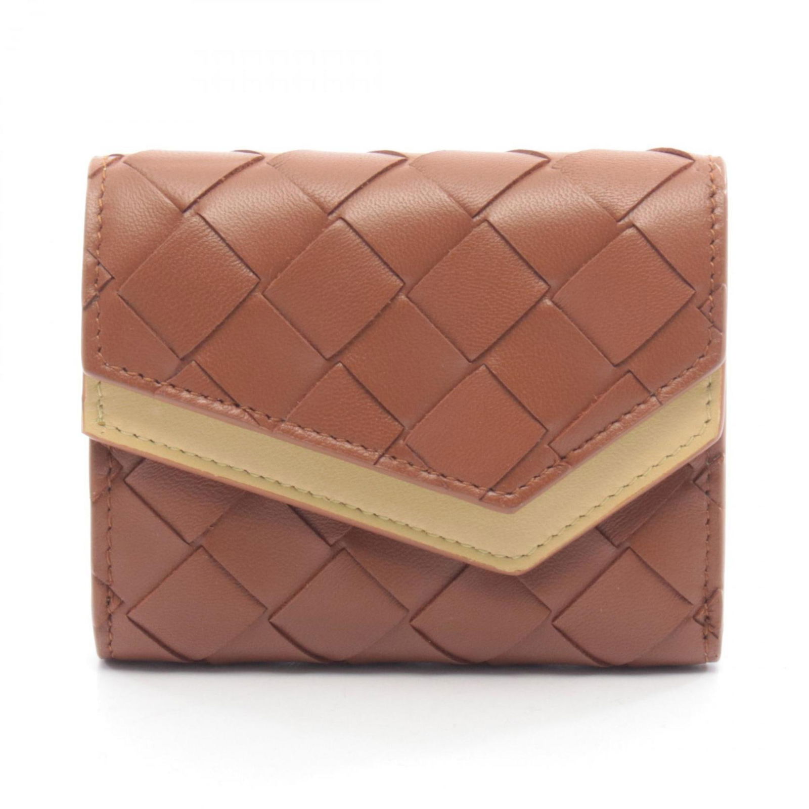 Bottega Veneta Tri-Fold Wallet with Intrecciato: Bottega Veneta Tri-Fold Wallet with Intrecciato A timeless Bottega Veneta Tri-Fold Wallet in rich brown and yellow hues, crafted from the iconic Intrecciato woven leather. With its classic tri-fold de
