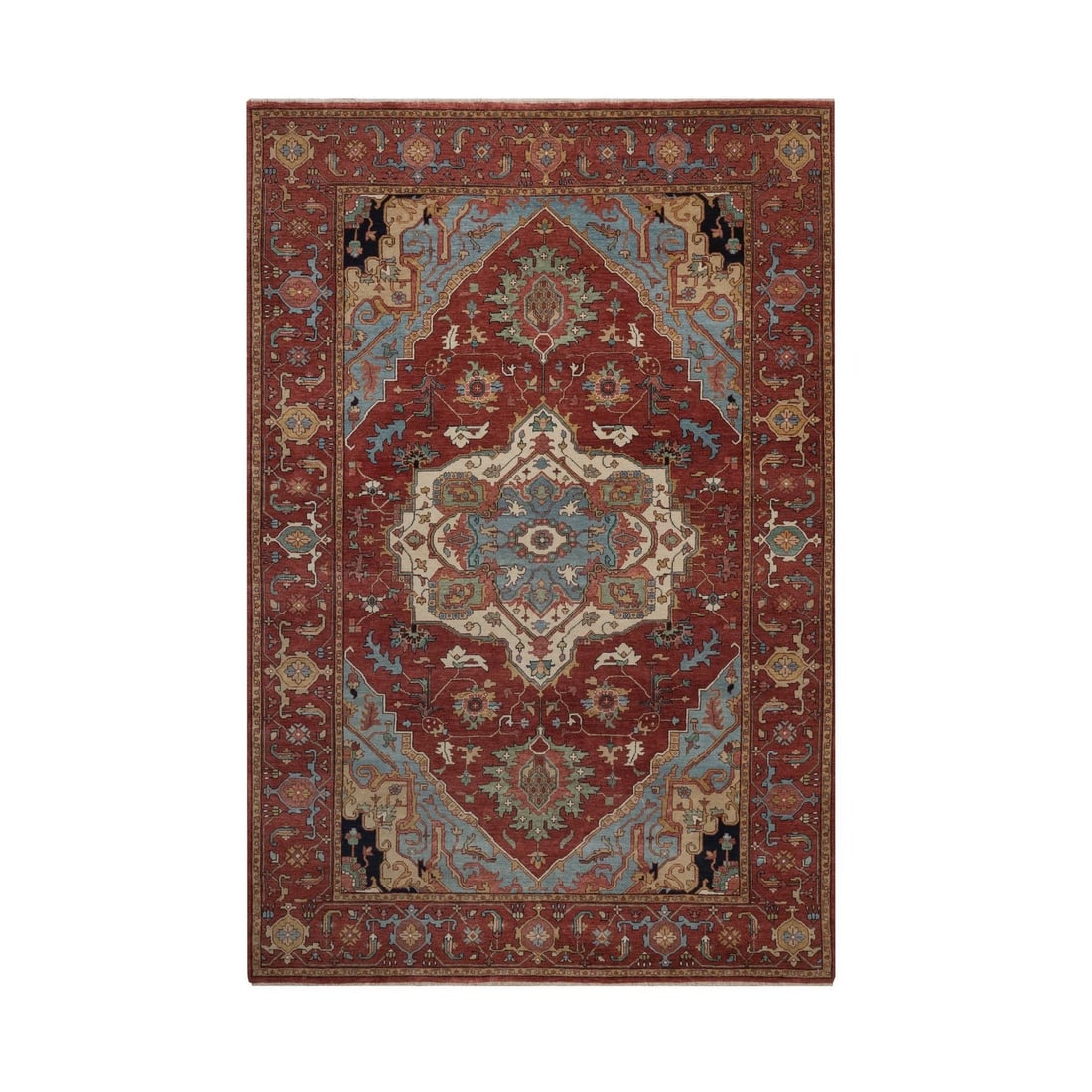 Rug 6'1"x9'2" Red Antiqued Fine Heris Re-Creation Soft Wool Hand Knotted: Rug 6'1"x9'2" Red Antiqued Fine Heris Re-Creation Soft Wool Hand Knotted Experience the rich beauty of India's ancient Heris style in this stunning, hand-knotted wool rug. Measuring 6'1"x9'2", its