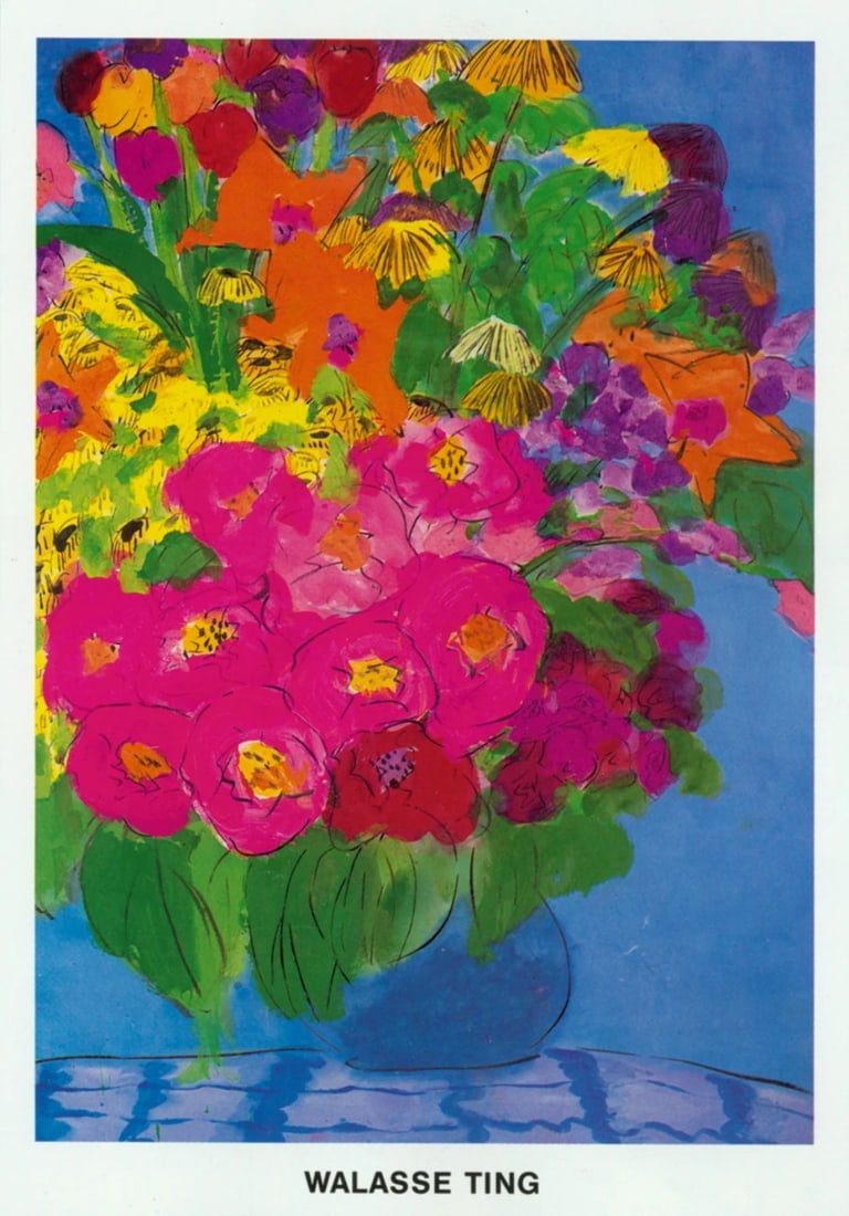 Contemp WALASSE TING The Colorful Bouquet of Flowers 62.25" x 43.25" Poster 1989: Contemp WALASSE TING The Colorful Bouquet of Flowers 62.25" x 43.25" Poster 1989 Experience the vibrant colors and playful energy of Walasse Ting's iconic 1989 poster, The Colorful Bouquet of