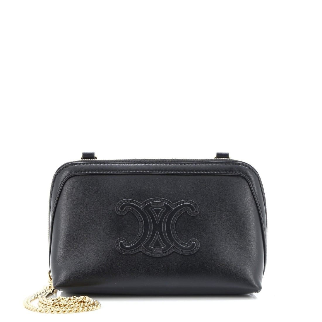 Celine Cuir Triomphe Zip Chain Clutch in Leather: Celine Cuir Triomphe Zip Chain Clutch in Leather The Celine Cuir Triomphe Zip Chain Clutch is a sleek and sophisticated cross-body bag that exudes luxury. With its black leather exterior, gold hardwar
