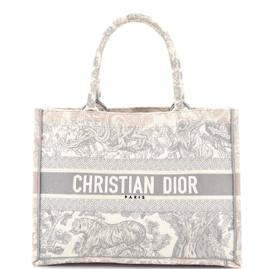 Christian Dior Medium Embroidered Canvas Book Tote: Christian Dior Medium Embroidered Canvas Book Tote Elevate your daily essentials with the iconic Christian Dior Book Tote, boasting elegant gray canvas exterior and interior, adorned with intricate