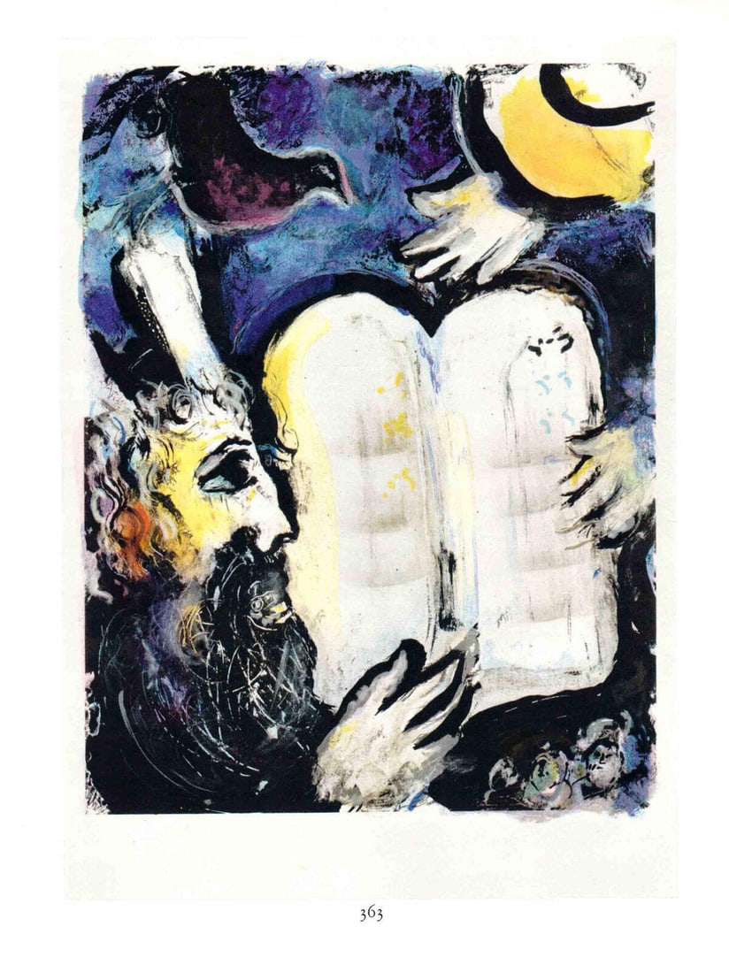 Modernism MARC CHAGALL Moise et les Tables de la Loi 12.5" x 9.75" Poster 1963: Modernism MARC CHAGALL Moise et les Tables de la Loi 12.5" x 9.75" Poster 1963 Experience the vibrant, dreamlike world of Marc Chagall with his iconic 1963 offset lithograph "Moise et les Tables de
