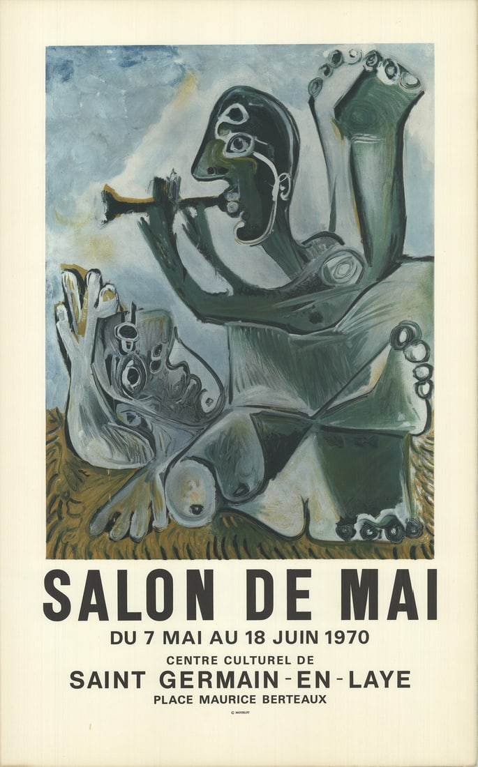 Pablo Picasso Lithograph, 'Salon de Mai', 1970, 30" x 18.5", Brown, Green, Blue: Pablo Picasso Lithograph, 'Salon de Mai', 1970, 30" x 18.5", Brown, Green, Blue A stunning example of Picasso's artistic mastery, 'Salon de Mai' is a 1970 lithograph that showcases the artist's