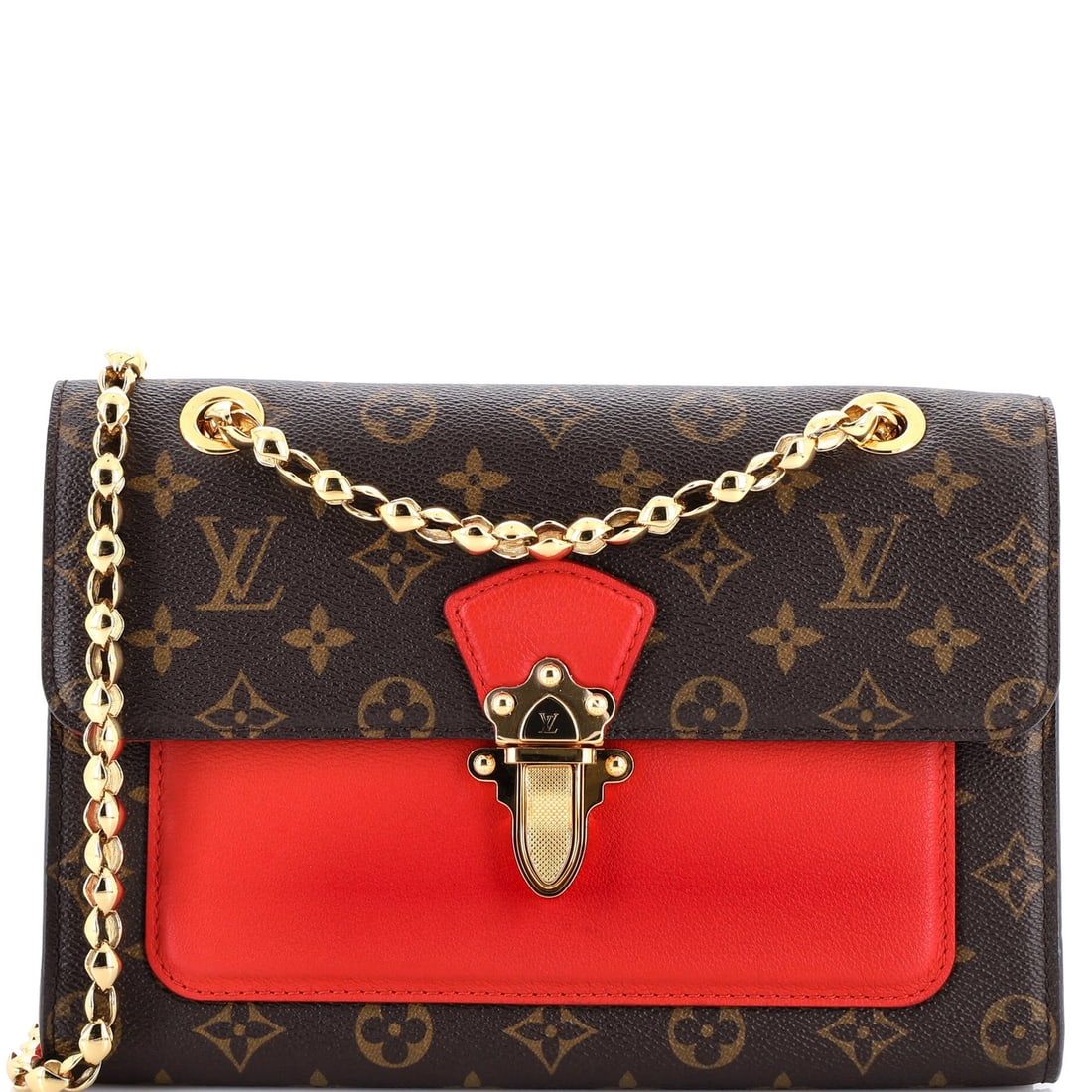Louis Vuitton Victoire Handbag - Monogram Canvas & Leather: Louis Vuitton Victoire Handbag - Monogram Canvas & Leather A stunning Louis Vuitton Victoire Handbag, boasting the iconic monogram canvas and supple leather exterior in a bold red hue, makes for a