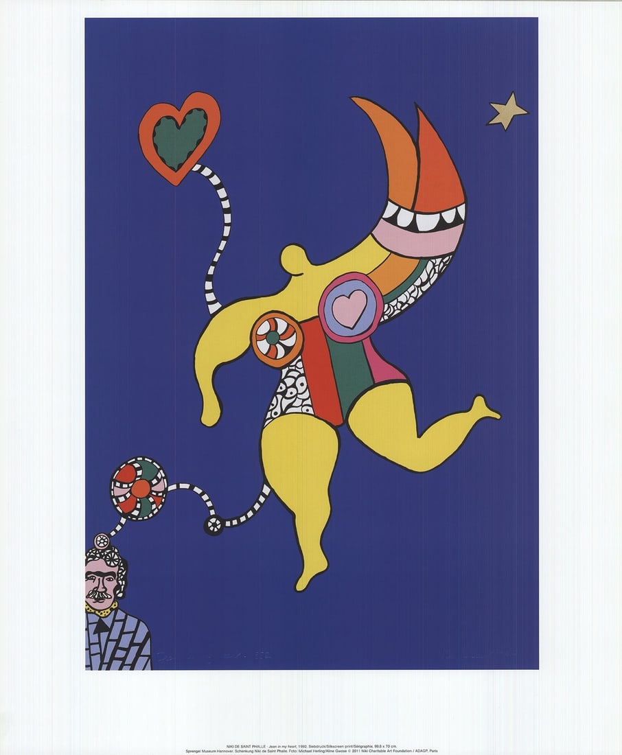 2011 NIKI DE SAINT PHALLE Jean in my Heart 23" x 19" Mixed Media: 2011 NIKI DE SAINT PHALLE Jean in my Heart 23" x 19" Mixed Media Niki de Saint Phalle's 2011 mixed media piece, Jean in my Heart, is a captivating representation of the artist's signature style. Measu