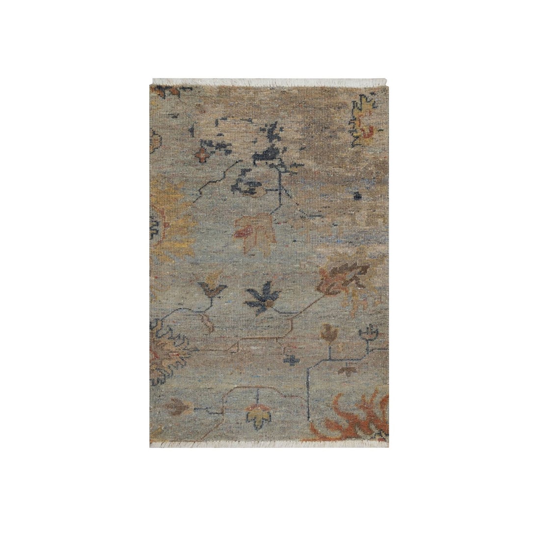 Gray 2'1"x3' Oushak Design Wool Hand-Knotted Mat Rug: Gray 2'1"x3' Oushak Design Wool Hand-Knotted Mat Rug Experience the timeless beauty of Indian craftsmanship with this stunning Gray Oushak Design Wool Hand-Knotted Mat Rug, featuring a classic floral