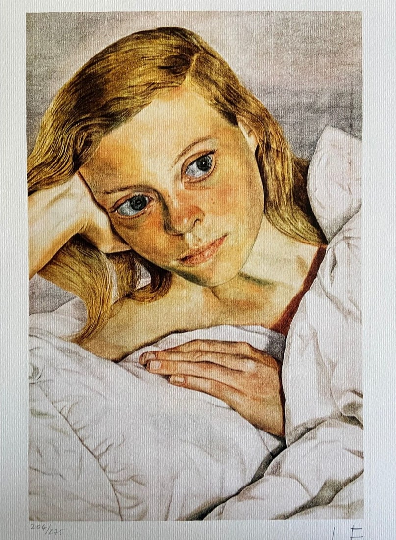 275 Lucian Freud Lithograph Numbered Limited: 275 Lucian Freud Lithograph Numbered Limited A rare opportunity to own a numbered limited edition lithograph by the renowned artist Lucian Freud, featuring his iconic 'Girl in bed' work, printed in