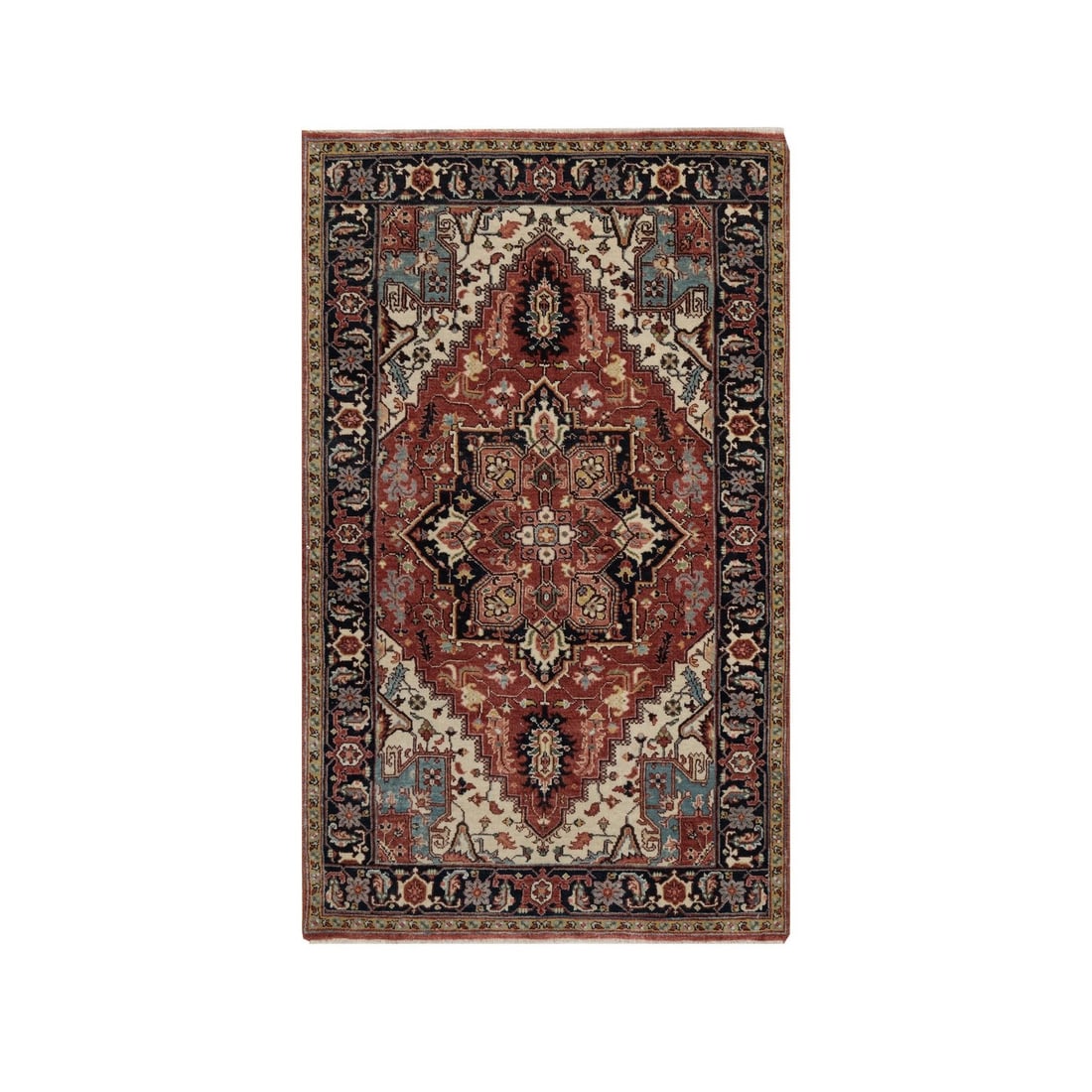 Rug 3'x5' Red Antiqued Heris Re-Creation Hand Knotted New Zealand Wool: Rug 3'x5' Red Antiqued Heris Re-Creation Hand Knotted New Zealand Wool Experience the rich beauty of India with this stunning 3'x5' Heris-style rug, hand-knotted from high-quality New Zealand wool