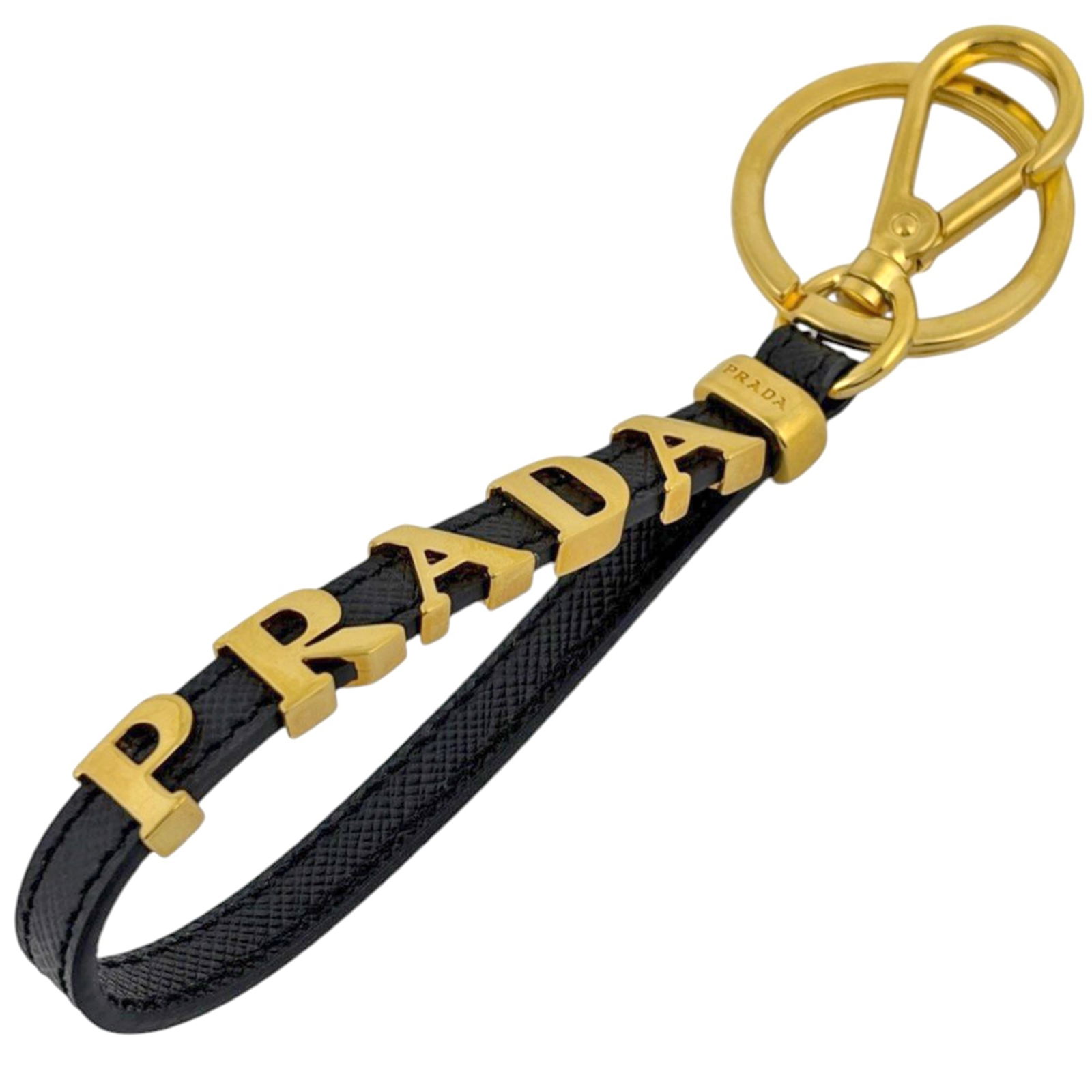 Prada leather keyring: Prada leather keyring A sleek and sophisticated accessory for the modern woman, this Prada leather keyring boasts a timeless black finish and durable chain strap, perfect for adding a touch of luxury