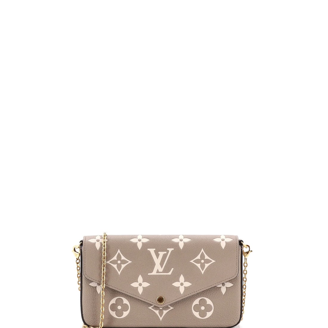 Giant Louis Vuitton Felicie Pochette Bicolor Monogram Empreinte: Giant Louis Vuitton Felicie Pochette Bicolor Monogram Empreinte A rare find for the Louis Vuitton enthusiast, this Giant Felicie Pochette Bicolor Monogram Empreinte boasts a striking neutral exterior