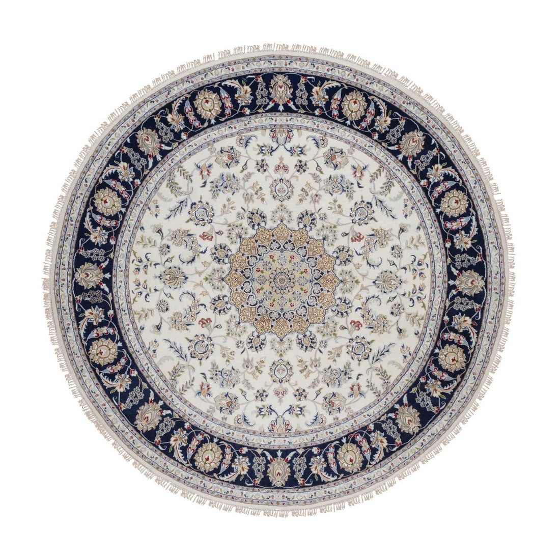 Ivory Nain Flower Design Wool & Silk Hand-Knotted Round Rug (8'2"x8'2") (1 of 11)