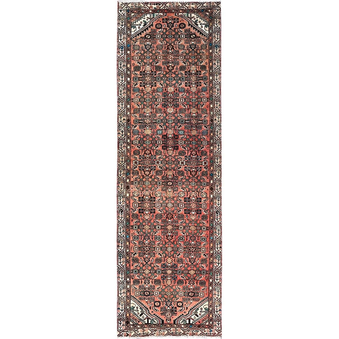 Rug 3'x9'9" Red Vintage Hussainabad Herat Design Hand Knotted Wide Runner: Rug 3'x9'9" Red Vintage Hussainabad Herat Design Hand Knotted Wide Runner Experience the rich heritage of Turkish craftsmanship with this stunning 3'x9'9" Red Vintage Hussainabad Herat Design Hand Kno