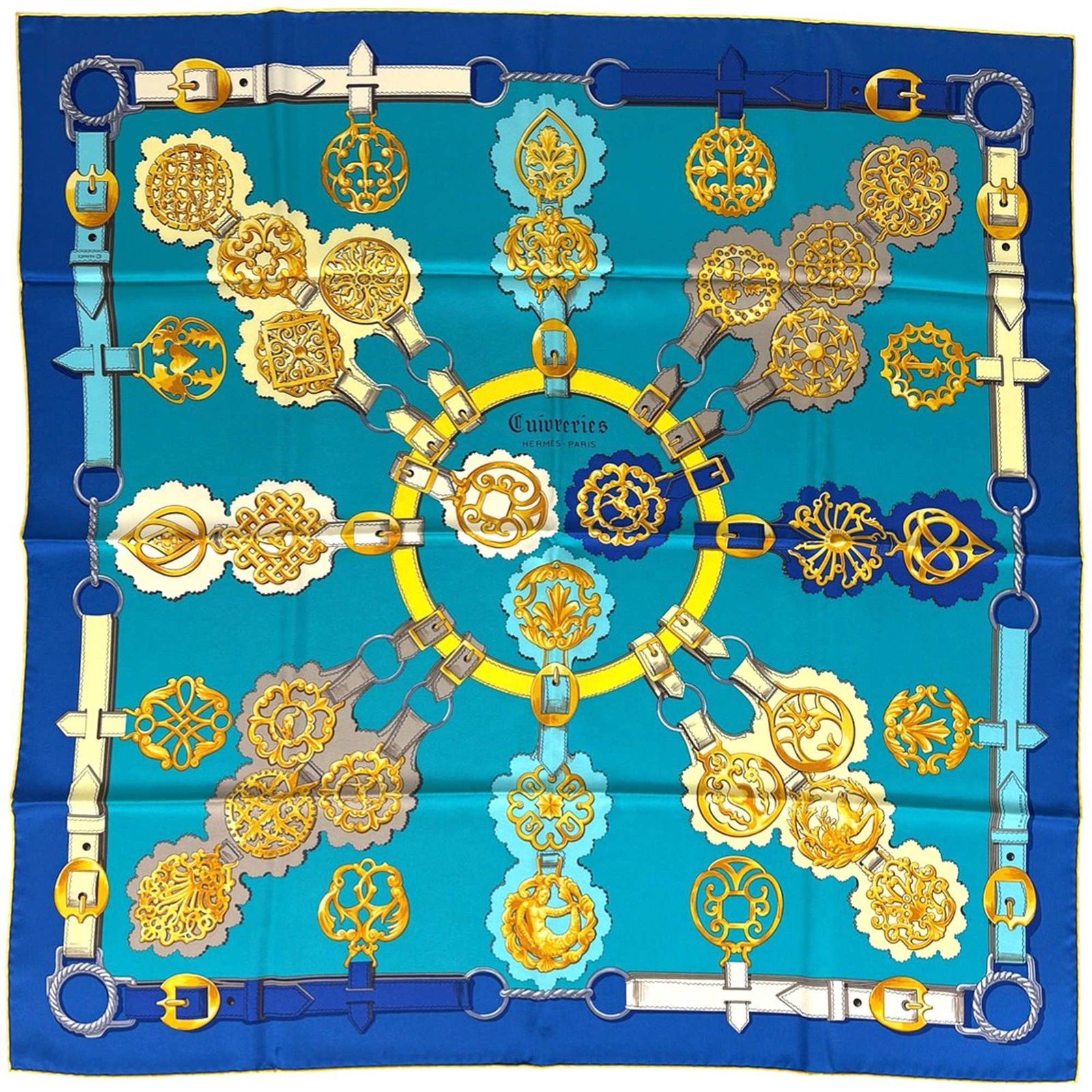Hermes Silk Scarf: Hermes Silk Scarf A stunning Hermes silk scarf, boasting vibrant blue and copper hues in a unique multi-color design, adds a touch of elegance to any outfit. Made from luxurious silk, this beautiful
