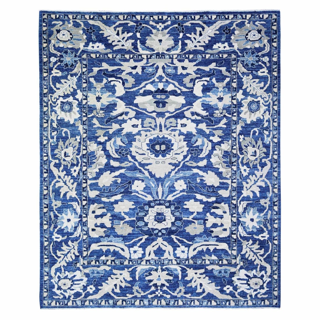 Byzantine Blue Peshawar with Mahal Design Wool Hand-Knotted 8'2"x9'8" Rug: Byzantine Blue Peshawar with Mahal Design Wool Hand-Knotted 8'2"x9'8" Rug Experience the rich history and beauty of Afghanistan with this stunning Byzantine Blue Peshawar rug, hand-knotted in wool