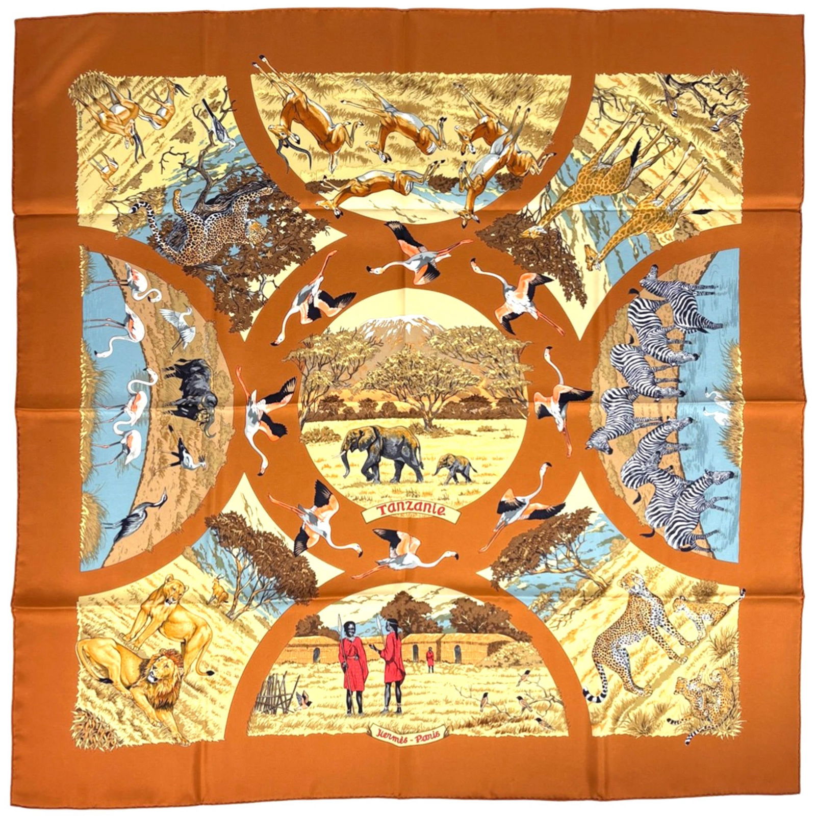 Hermes Silk Scarf: Hermes Silk Scarf A pre-owned Hermes silk scarf, boasting the iconic brand's signature craftsmanship and luxurious feel, is up for grabs. With its rich brown and multi-color design, this 35" x 35" squ
