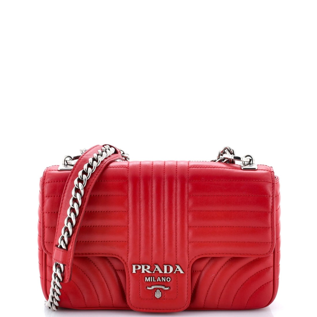Prada Medium Quilted Leather Shoulder Bag with Chain Flap: Prada Medium Quilted Leather Shoulder Bag with Chain Flap A stunning Prada Medium Quilted Leather Shoulder Bag, boasting sleek chain details and vibrant red hue, is up for grabs. With its spacious