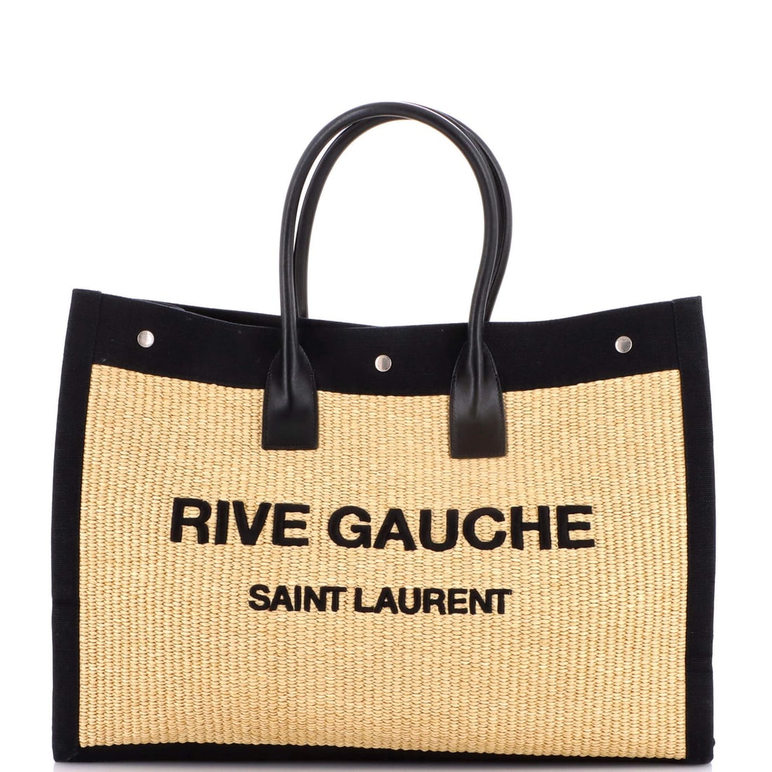 Saint Laurent Rive Gauche Large Raffia Canvas Tote Shopper: Saint Laurent Rive Gauche Large Raffia Canvas Tote Shopper Elevate your everyday style with the iconic Saint Laurent Rive Gauche Large Raffia Canvas Tote Shopper, boasting a timeless neutral exterior
