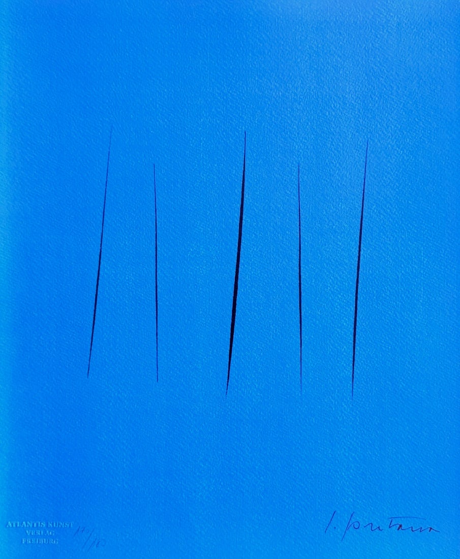 Lucio Fontana Lithograph: Lucio Fontana Lithograph A rare and striking lithograph by Italian artist Lucio Fontana, "Waiting", is up for auction. Printed in 1978 in an edition of just 180 copies, this chromolithograph showcases