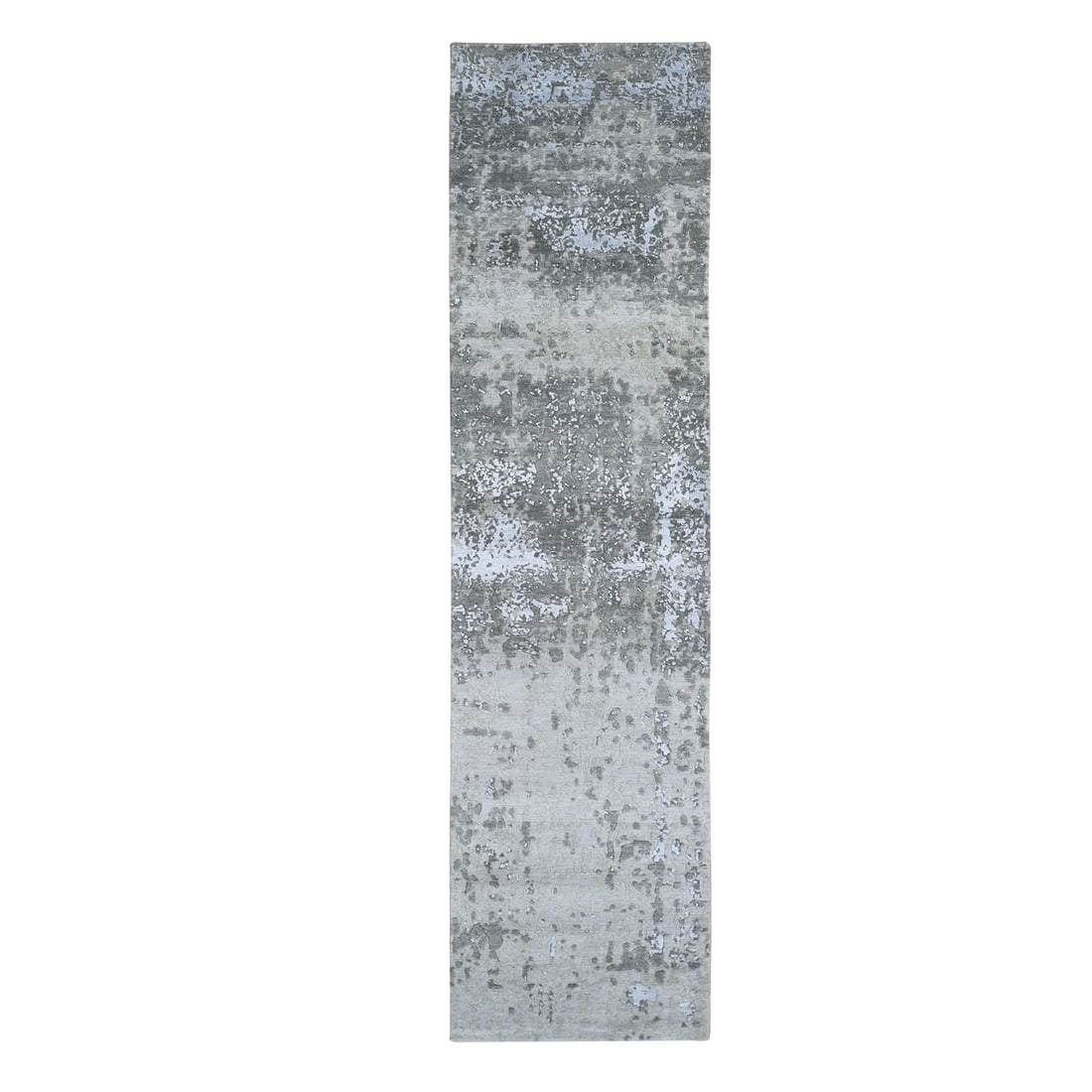 Denser weave abstract design wool hand knotted runner rug, 2'5"x10'3".: Denser weave abstract design wool hand knotted runner rug, 2'5"x10'3". Experience the rich textures and subtle nuances of Indian craftsmanship in this stunning hand-knotted wool runner rug, boasting