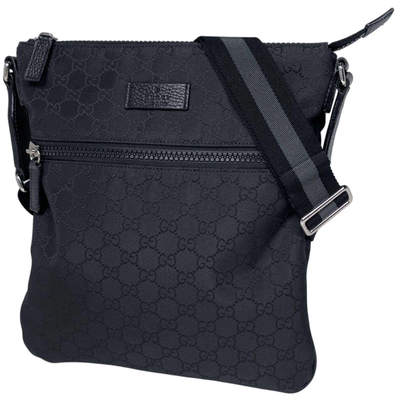 Gucci Nylon and Leather Shoulder Bag: Gucci Nylon and Leather Shoulder Bag A chic and versatile Gucci shoulder bag, crafted from durable nylon and supple leather, is up for grabs. With its sleek black design and timeless style, this iconi