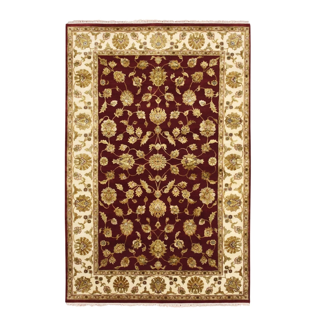 Rug 6'x9' Red Hand Knotted Wool and Silk Rajasthan Leaf Design Oriental: Rug 6'x9' Red Hand Knotted Wool and Silk Rajasthan Leaf Design Oriental Experience the rich heritage of India with this stunning 6'x9' Red Hand Knotted Wool and Silk Rajasthan Leaf Design Oriental