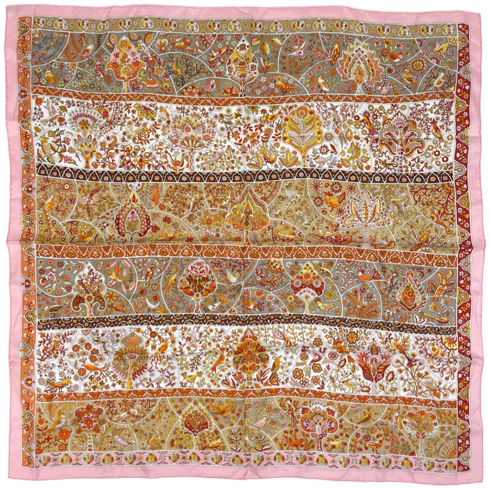 100% Hermes Scarf Silk: 100% Hermes Scarf Silk Own a piece of luxury with this stunning 100% silk Hermes scarf, boasting vibrant multi-color hues and a delicate pink accent that adds a touch of sophistication to any outfit.