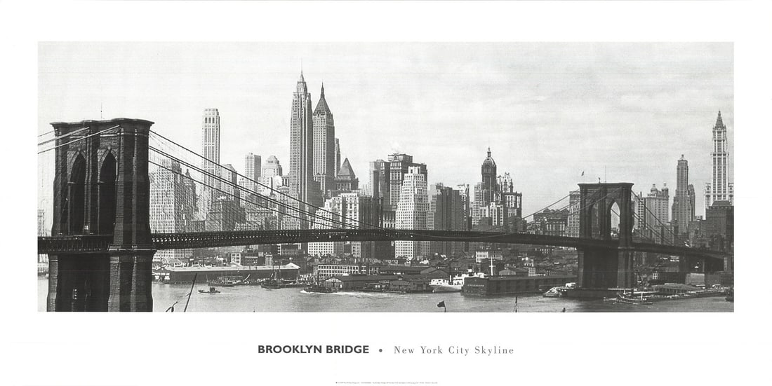 ARTIST UNKNOWN The Brooklyn Bridge with New York City Skyline in Backgro: ARTIST UNKNOWN The Brooklyn Bridge with New York City Skyline in Backgro A stunning offset lithograph of the iconic Brooklyn Bridge set against the breathtaking New York City skyline, captured in
