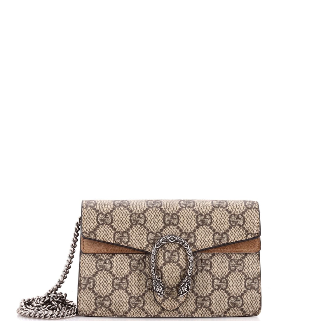 Gucci Dionysus Super Mini GG Coated Canvas Bag: Gucci Dionysus Super Mini GG Coated Canvas Bag Experience the iconic Gucci Dionysus Super Mini in luxurious brown canvas, complete with GG Coated detailing that adds a touch of sophistication to this