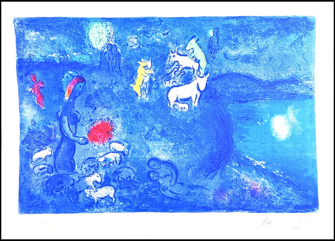 Marc Chagall Lithograph # (Numbered): Marc Chagall Lithograph # (Numbered) Own a rare and iconic piece of art from the 1970s, featuring Marc Chagall's signature style in "Daphne and Chloe". This limited edition lithograph, printed by Atla