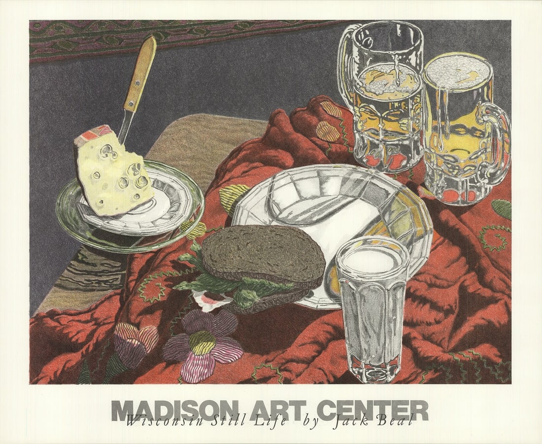 Green JACK BEAL Wisconsin Still Life 22" x 27" Lithograph 1977 Contemporary Red: Green JACK BEAL Wisconsin Still Life 22" x 27" Lithograph 1977 Contemporary Red A stunning 1977 lithograph by Jack Beal, "Wisconsin Still Life" is a quintessential example of Bohemian style,