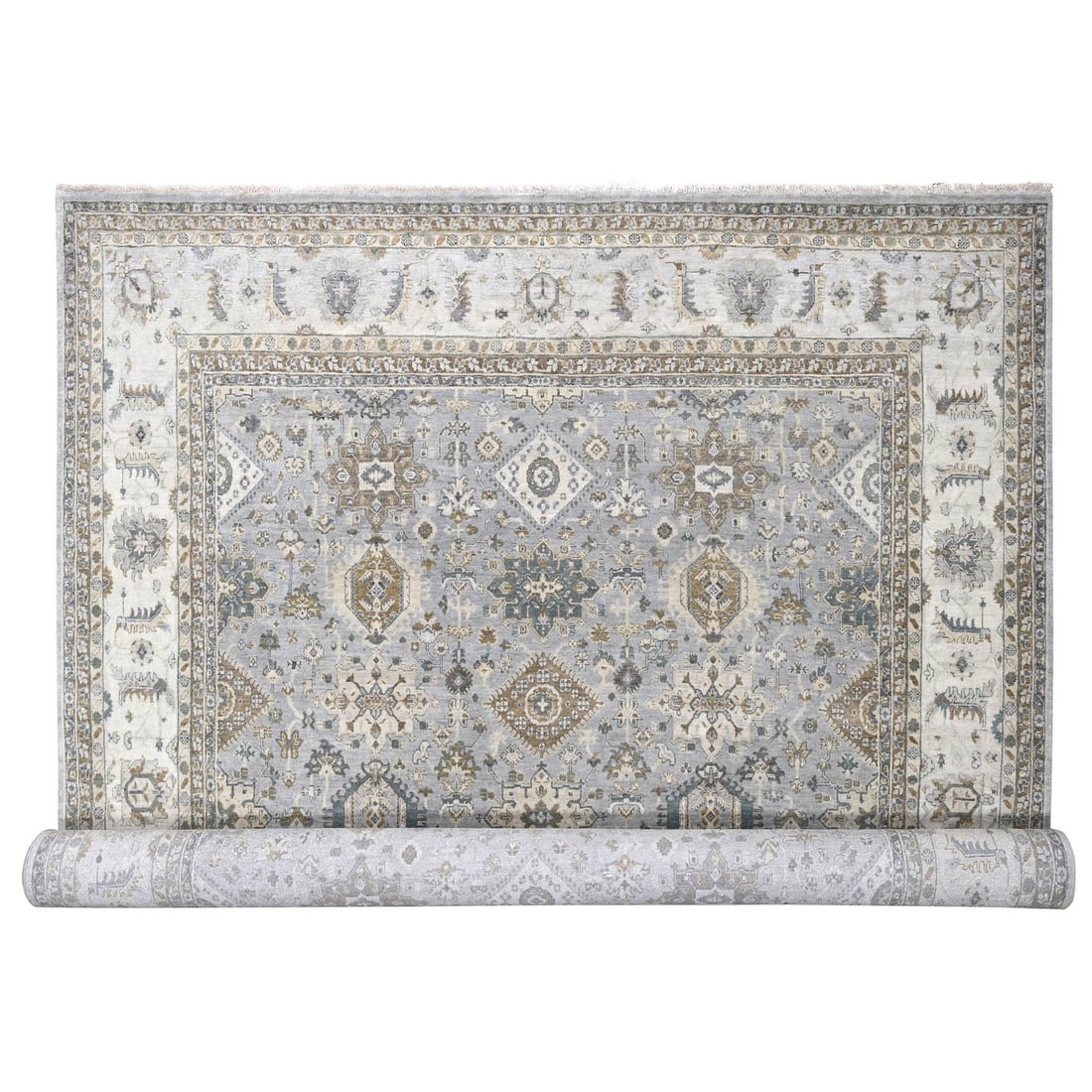 Rug 12'2"x18' Lavender Gray Hand Knotted Karjihooz Design Soft Wool: Rug 12'2"x18' Lavender Gray Hand Knotted Karjihooz Design Soft Wool Experience the rich beauty of Indian craftsmanship with this stunning Lavender Gray Hand Knotted Karjihooz Design Soft Wool rug,