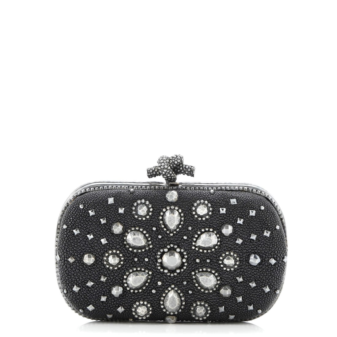 Bottega Veneta Small Stingray Embellished Box Knot Clutch: Bottega Veneta Small Stingray Embellished Box Knot Clutch Experience the sleek sophistication of Bottega Veneta's Small Stingray Embellished Box Knot Clutch, boasting exotic stingray exterior and