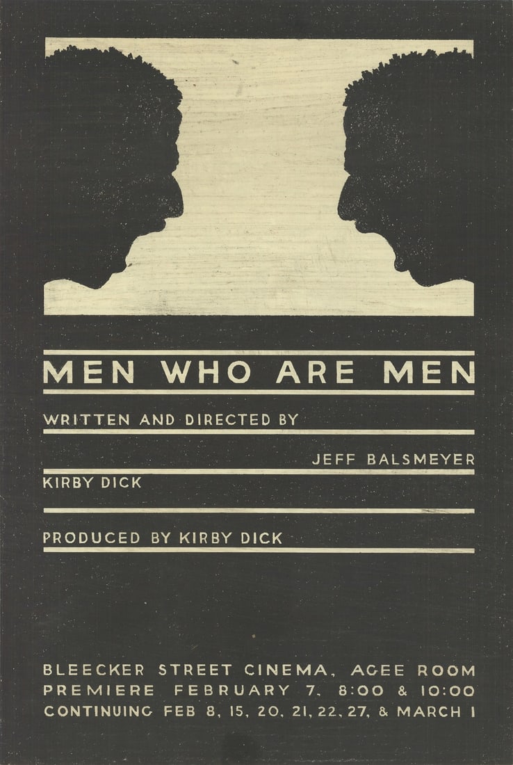 Jeff Balsmeyer Men Who Are Men (Woodblock) 21.5" x 14.5", 1981, Contemporary Black: Jeff Balsmeyer Men Who Are Men (Woodblock) 21.5" x 14.5", 1981, Contemporary Black A rare and striking woodblock print by contemporary artist Jeff Balsmeyer, "Men Who Are Men" (1981) is a bold