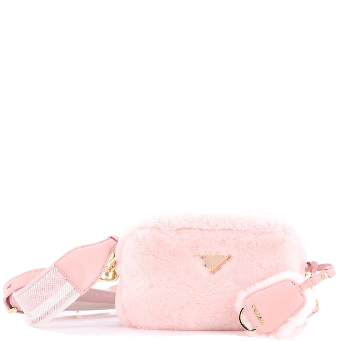 Prada Shearling Dual Strap Camera Bag: Prada Shearling Dual Strap Camera Bag Elevate your photography style with the Prada Shearling Dual Strap Camera Bag, boasting a chic pink hue and luxurious shearling exterior that adds a touch of