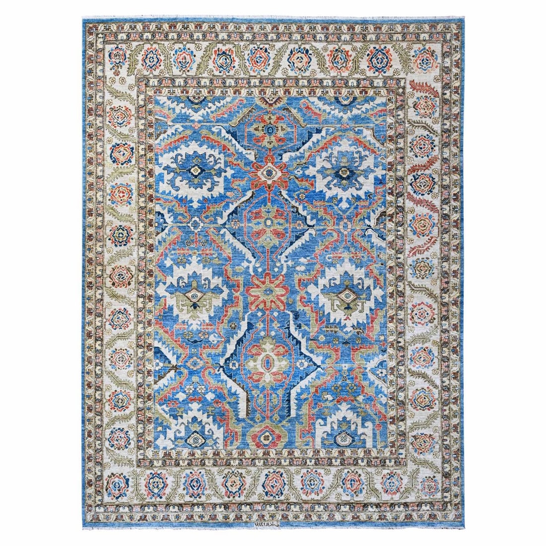 Rug 9'x11'8" Cornflower Blue Hand Knotted Wool Aryana Collection Oriental: Rug 9'x11'8" Cornflower Blue Hand Knotted Wool Aryana Collection Oriental Experience the rich beauty of Afghan craftsmanship with this stunning 9'x11'8" Cornflower Blue Hand Knotted Wool Aryana