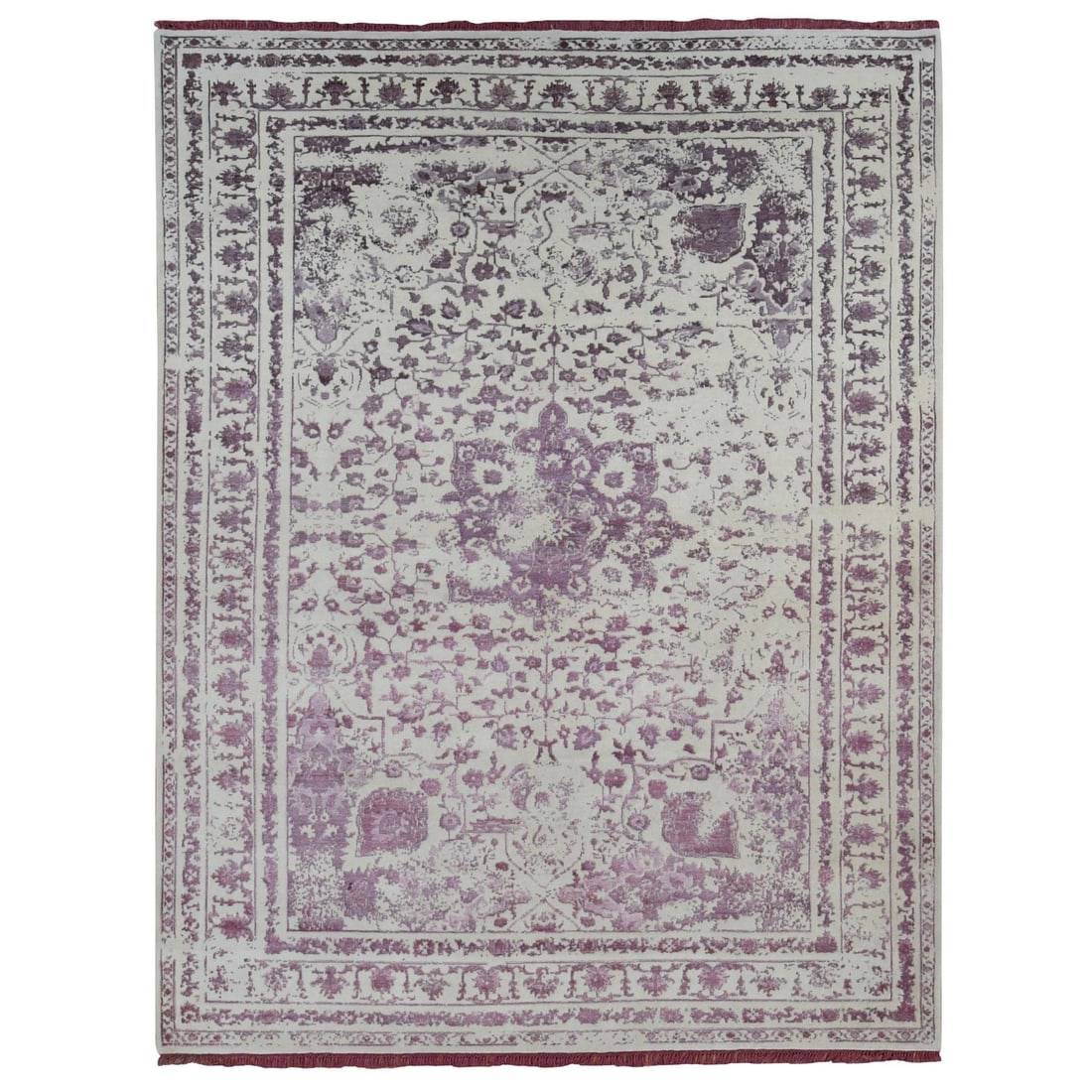 Rug 9'2"x12'1" Ivory Wool and Silk Handmade Broken Zoroastrian Design: Rug 9'2"x12'1" Ivory Wool and Silk Handmade Broken Zoroastrian Design Experience the rich heritage of India with this stunning, hand-knotted Zoroastrian design rug, expertly crafted from luxurious