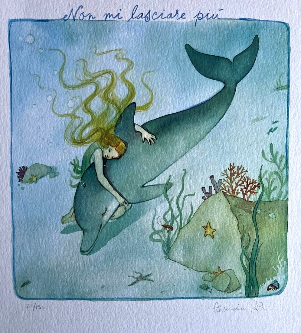 Numerata Alessandra Roberti Lithograph Colorata A Mano Firmata: Numerata Alessandra Roberti Lithograph Colorata A Mano Firmata A stunning Italian lithograph, 'Don't leave me anymore', is a poignant expression of love and longing. Hand-retouched with pastel, the