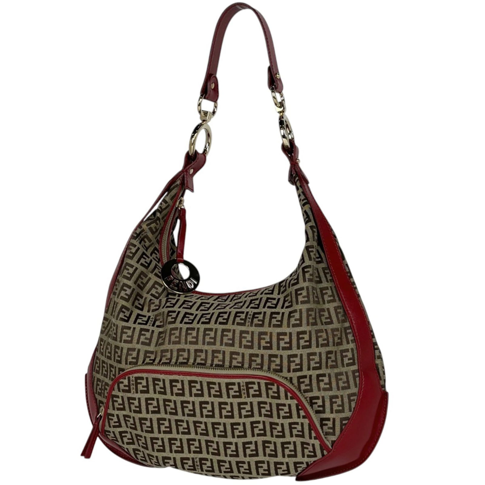 Fendi Canvas and Leather Shoulder Bag: Fendi Canvas and Leather Shoulder Bag Elevate your everyday style with the iconic Fendi shoulder bag, boasting a chic canvas and leather combination in timeless beige and bold red hues. This stylish