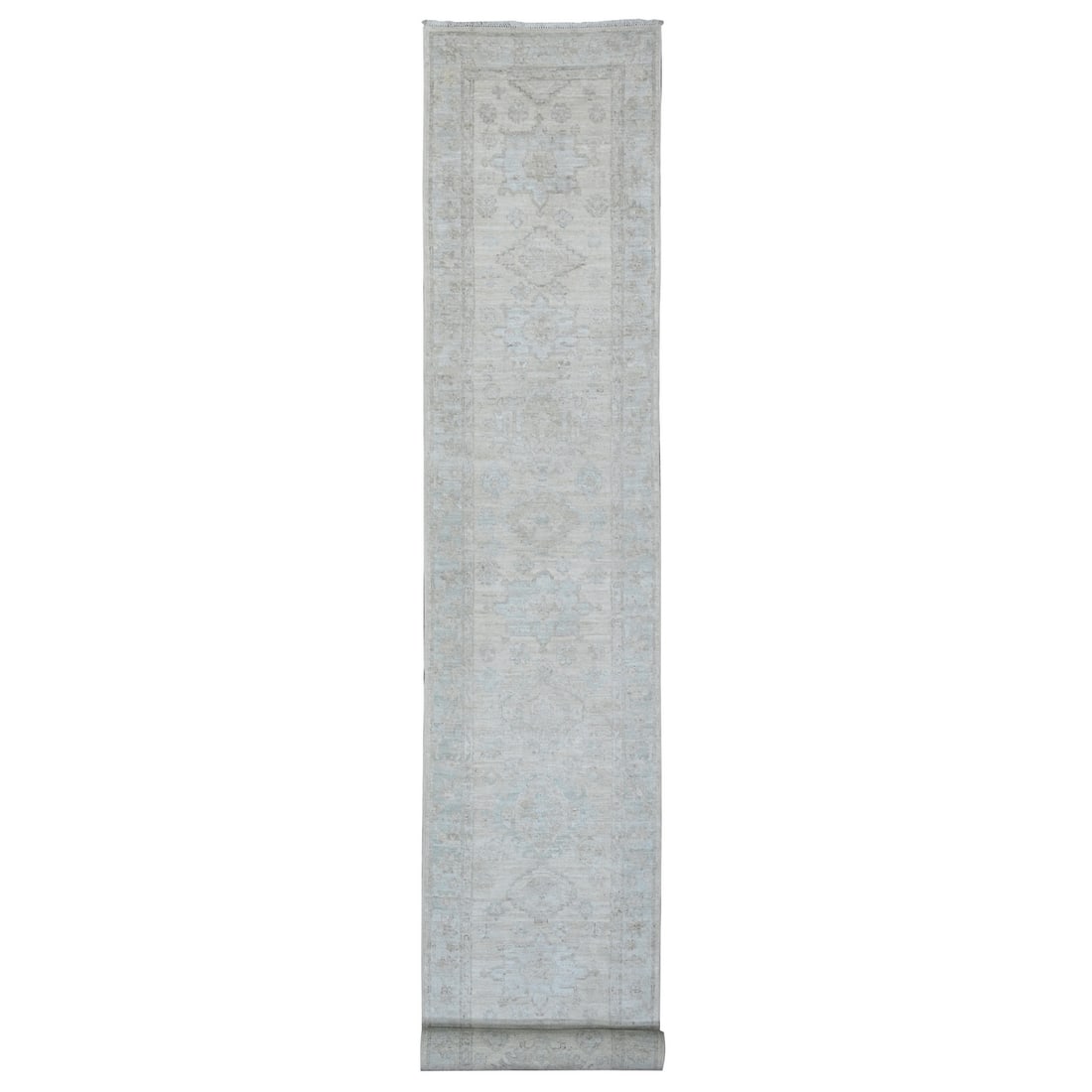 Peshawar Leaf Design Hand-Knotted Wool Runner Rug (2'7"x18'9") - White Wash: Peshawar Leaf Design Hand-Knotted Wool Runner Rug (2'7"x18'9") - White Wash Experience the rich heritage of Afghanistan with this stunning Peshawar Leaf Design Hand-Knotted Wool Runner Rug, expertly