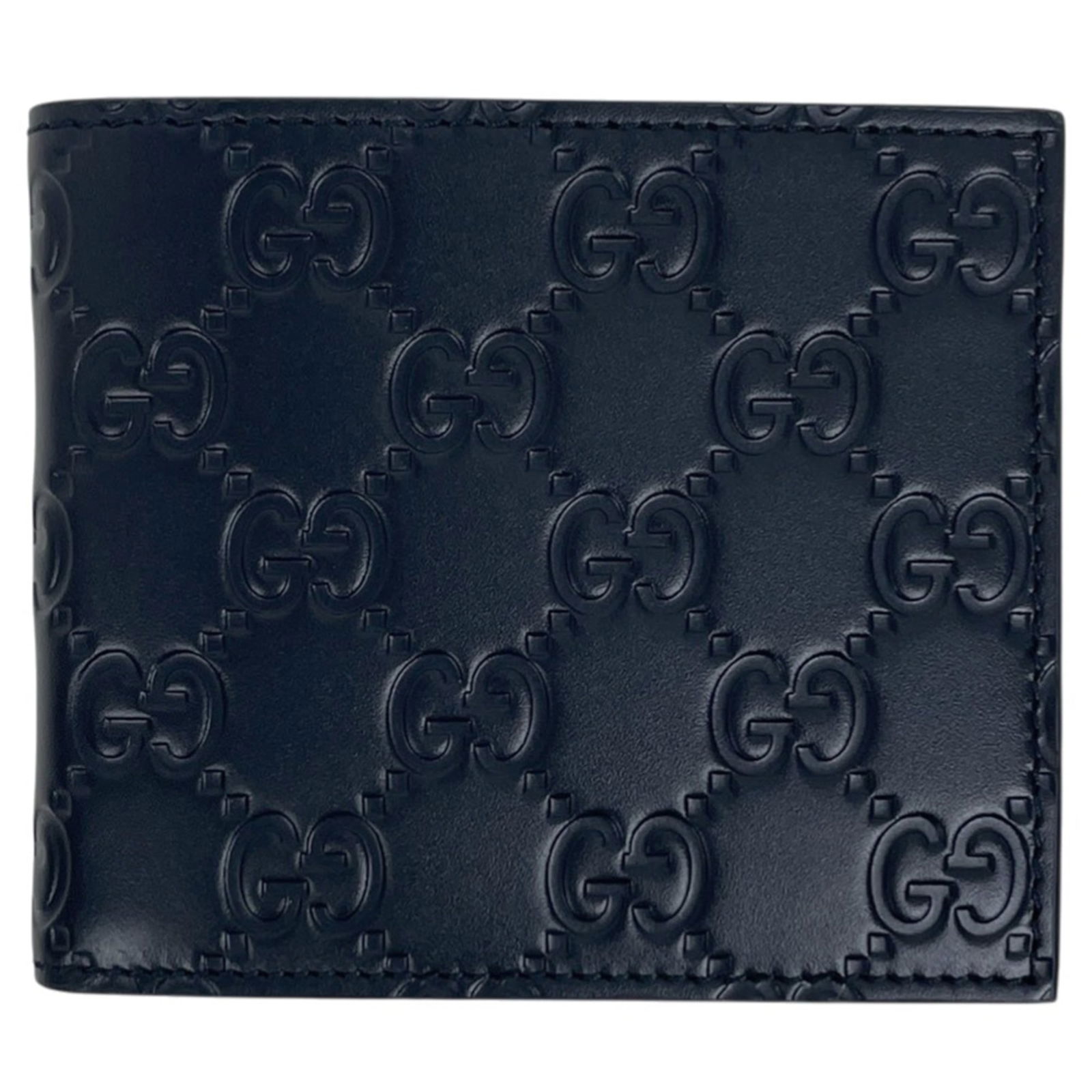 Gucci Bi-Fold Gg Leather Wallet: Gucci Bi-Fold Gg Leather Wallet A pre-owned Gucci bi-fold wallet in navy Gg leather, boasting classic style and durability. With its signature GG logo embossed on the front, this wallet is a timeless