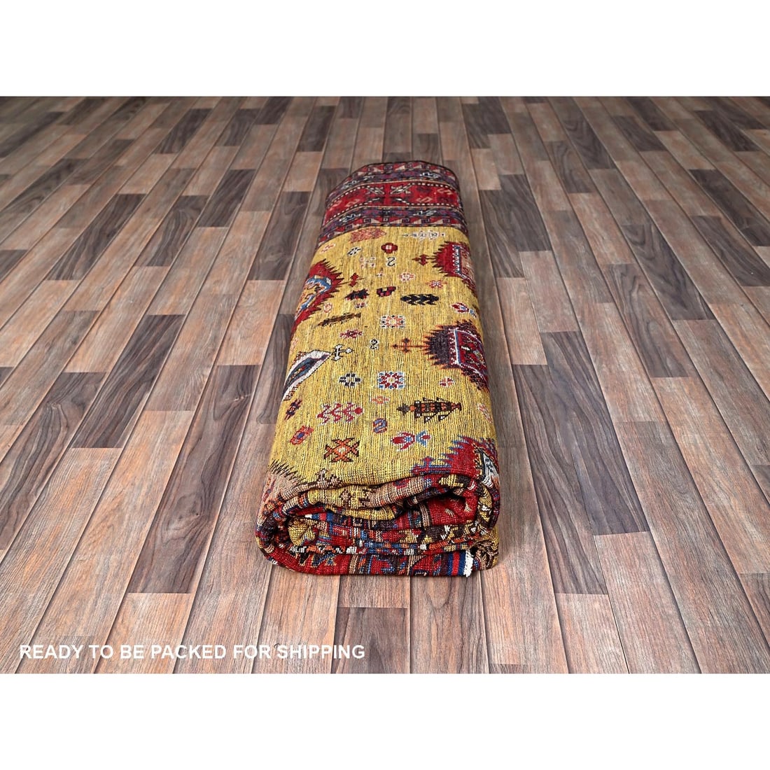 Soft Wool Hand-Knotted Afghan Rug in Yellow with Caucasian Design (8'3"x9'8") - 10