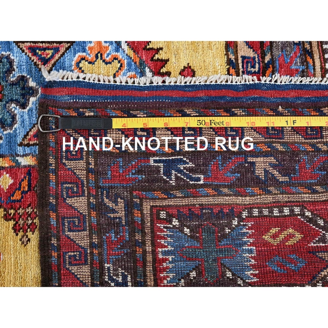 Soft Wool Hand-Knotted Afghan Rug in Yellow with Caucasian Design (8'3"x9'8") - 12