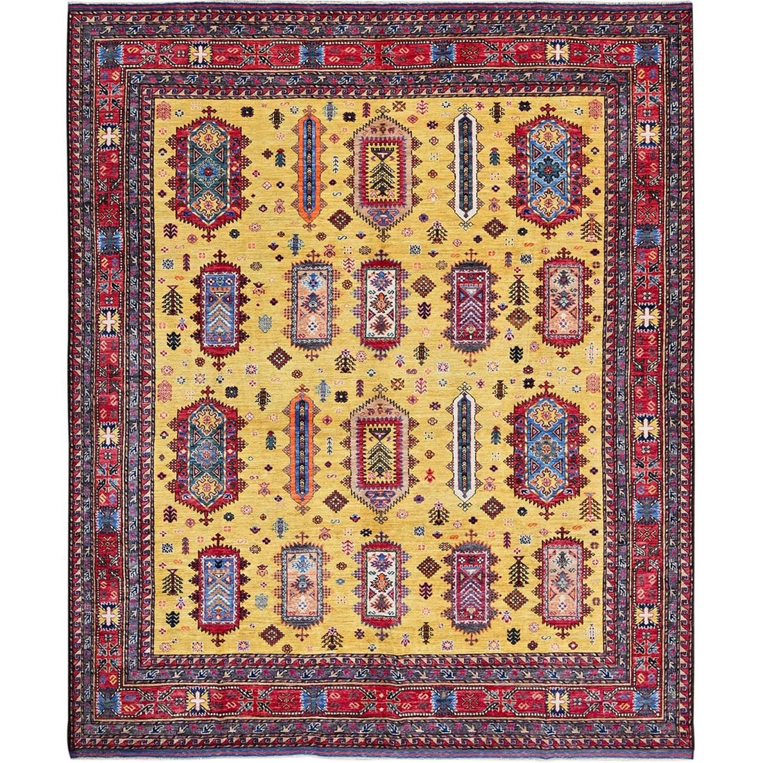 Soft Wool Hand-Knotted Afghan Rug in Yellow with Caucasian Design (8'3"x9'8"): Soft Wool Hand-Knotted Afghan Rug in Yellow with Caucasian Design (8'3"x9'8") Experience the warmth and beauty of traditional Afghan craftsmanship with this stunning soft wool hand-knotted afghan
