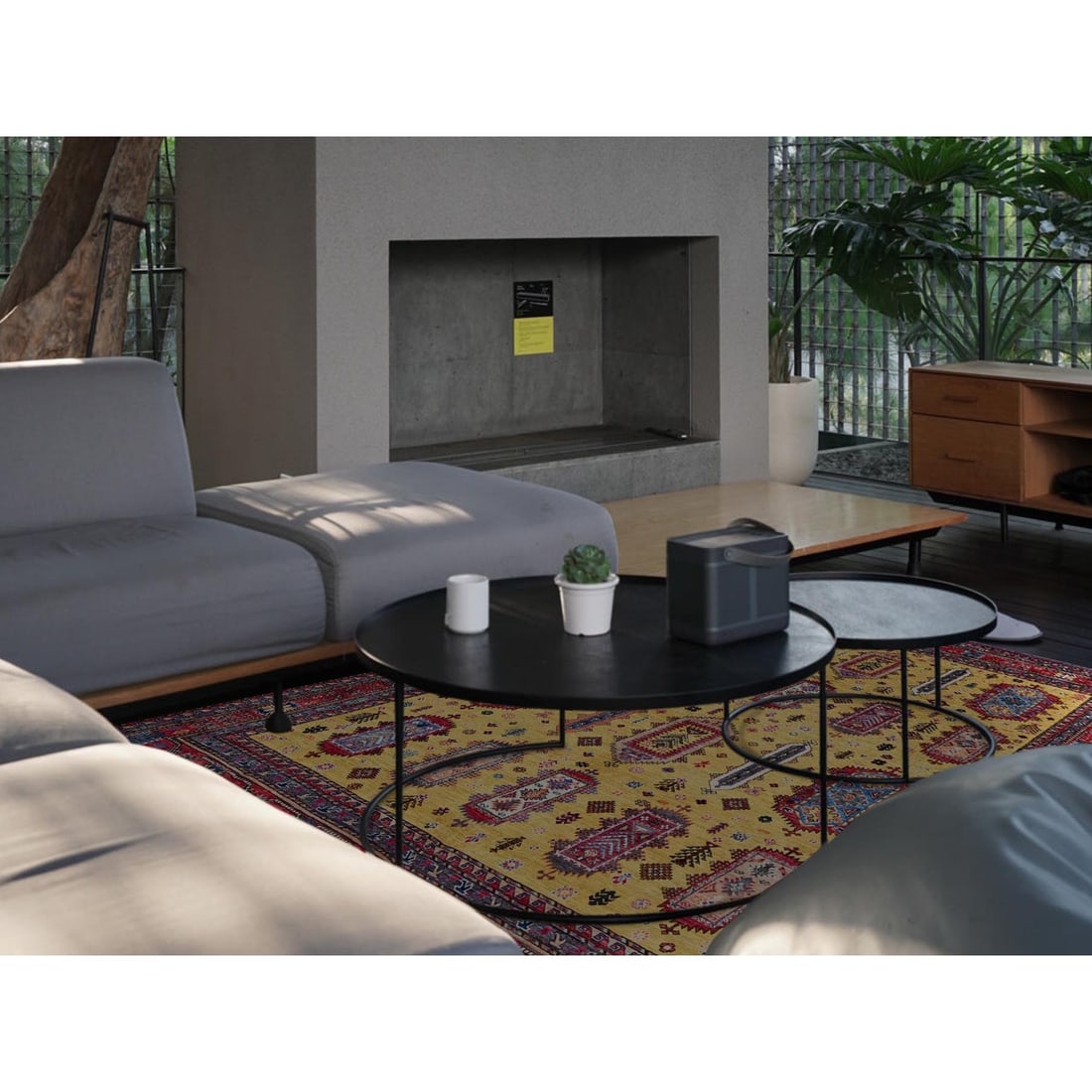 Soft Wool Hand-Knotted Afghan Rug in Yellow with Caucasian Design (8'3"x9'8") - 2